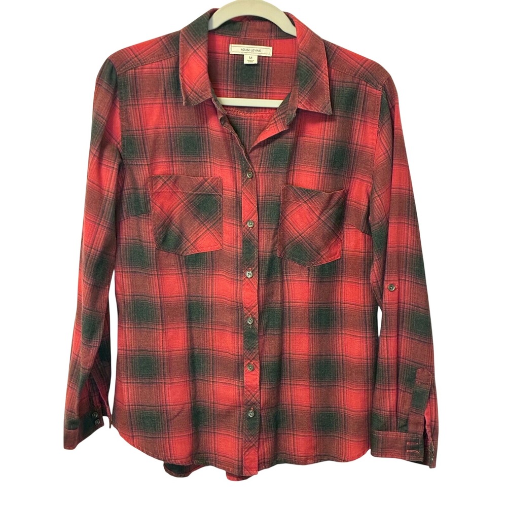Adam Levine Womens Red Black Plaid Flannel Button Down Shirt Roll Tab Sleeve M